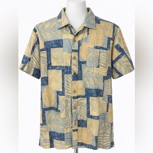 Casual Men's Shirt with Blue and Tan Leaf Pattern